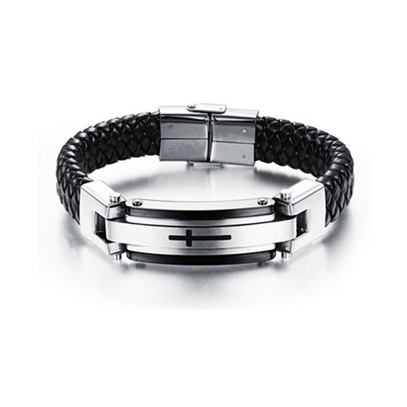 Miesten Risti Nahka-teräsrannekoru